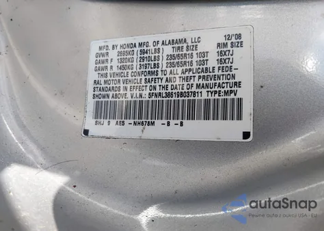 2009 Honda Odyssey Ex-L z USA, uszkodzony, nr VIN 5FNRL38619B037811